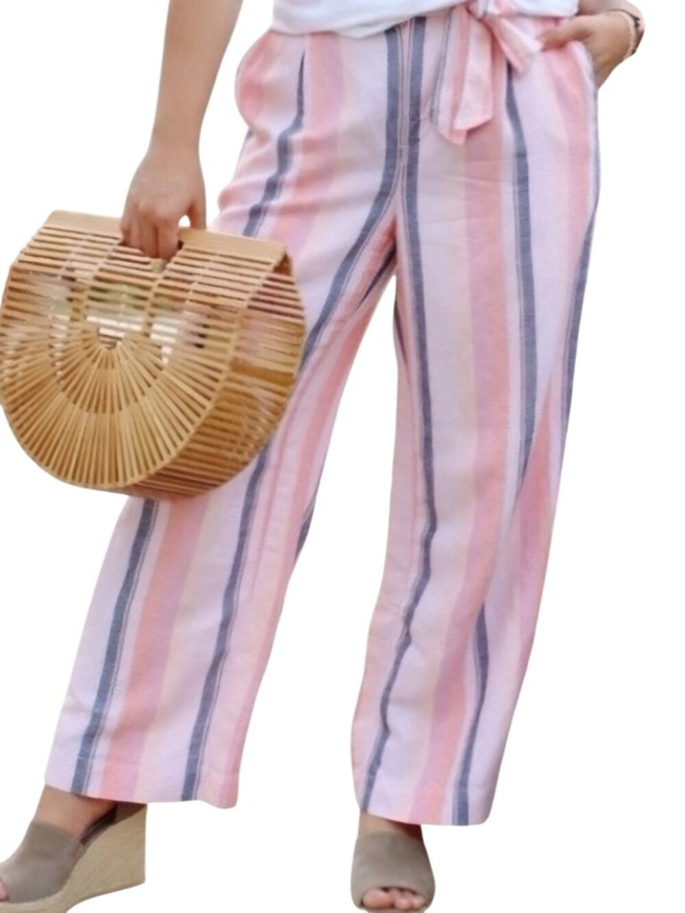 Loft Beach Pants Linen Blend Stripe Wide Leg Cropped Size Lp